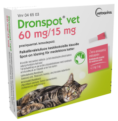 DRONSPOT VET 60/15 mg paikallisvaleluliuos (keskikokoisille kissoille)2x0,7 ml